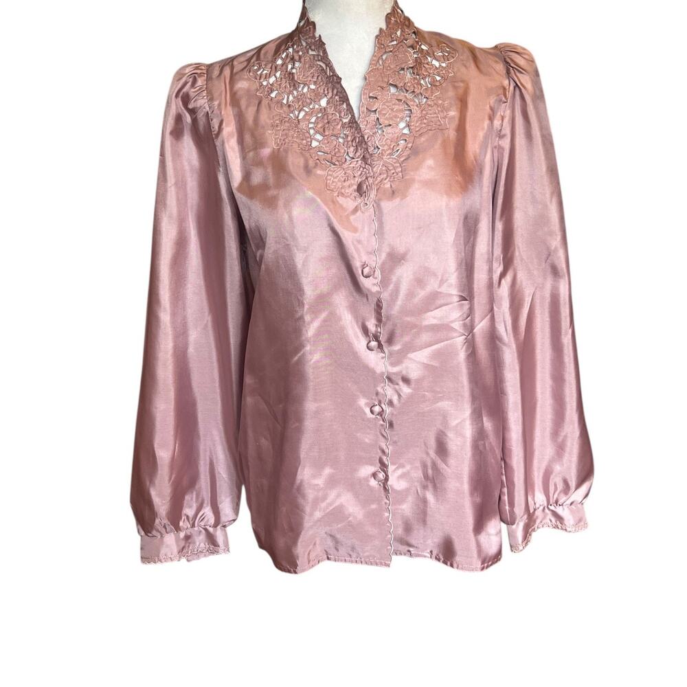VTG 80s Pink Blouse Shirt leaves lace M collar Satin Look Cottagecore grandma